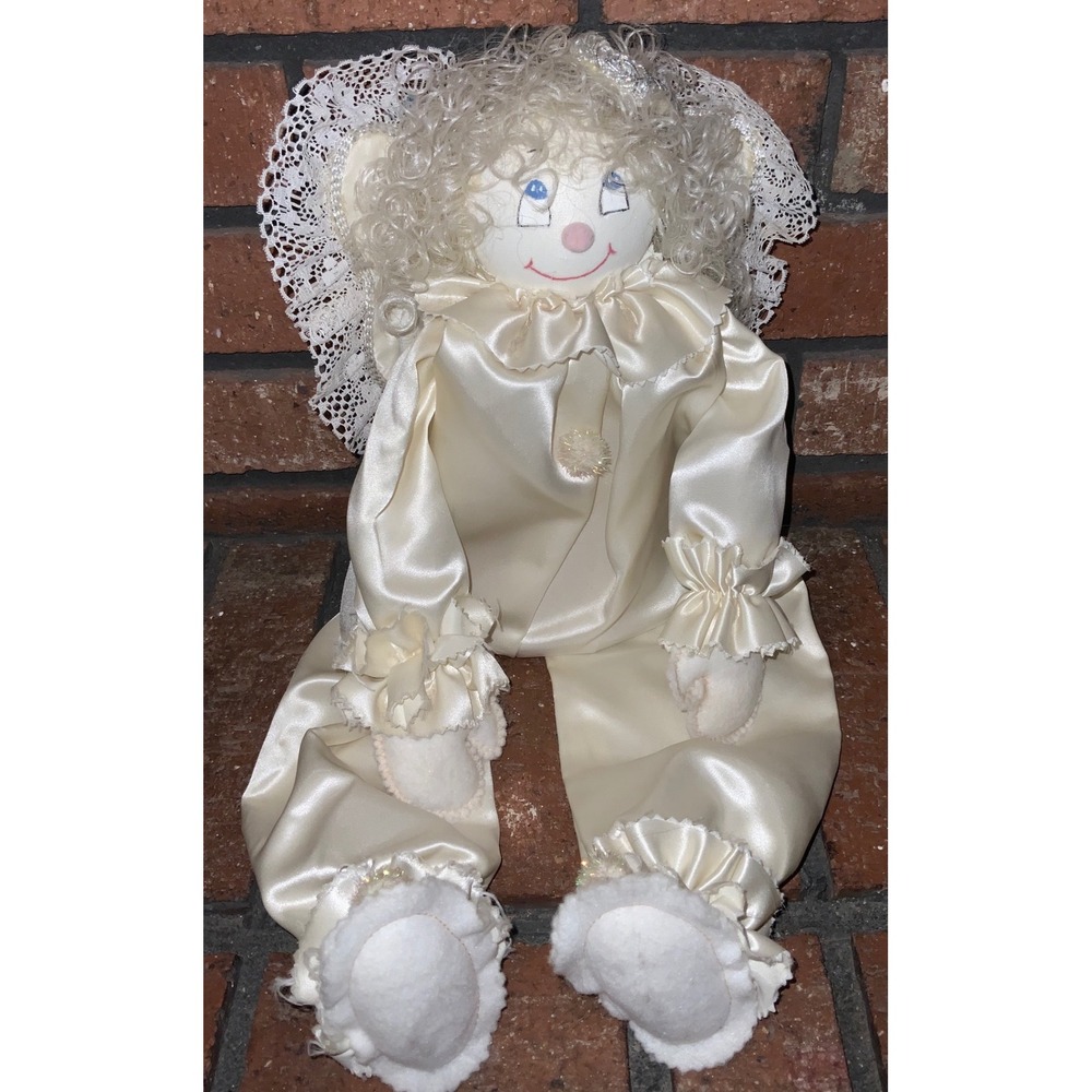 Vintage Handmade Cream Satin Clown 17" Doll Lace Ruffle Angel Wood‎ Block Plush